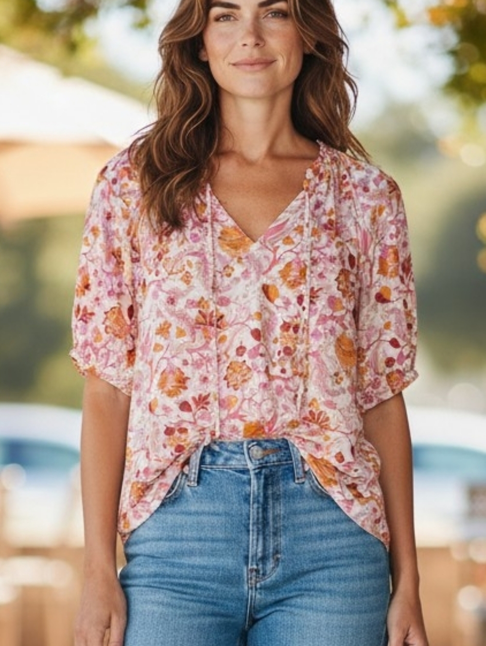 Womens Pink Floral V-Neck Blouse